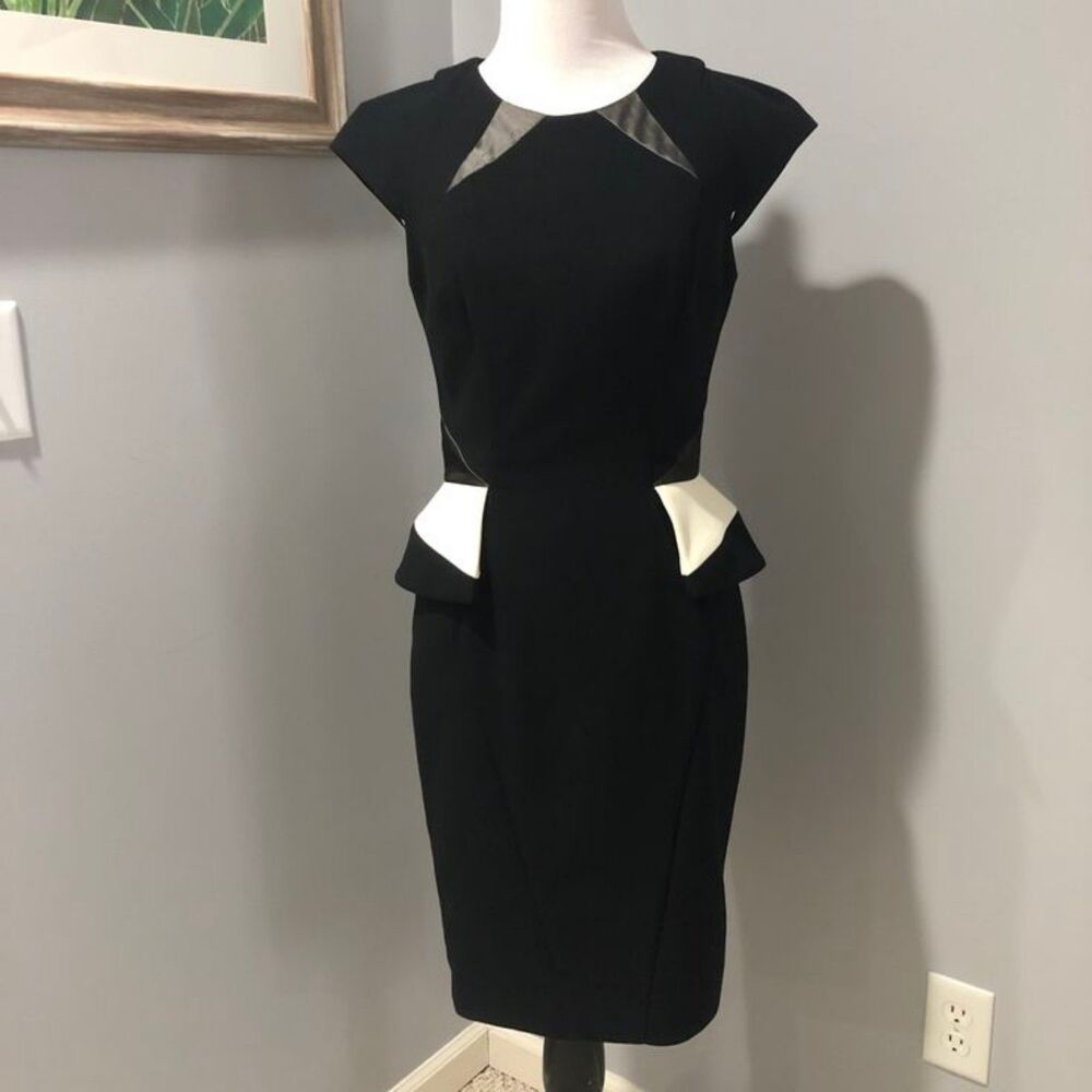 Cue Women’s Black, White, Gray Cap Sleeve Peplum Lined Midi Pencil Dress Sz 4